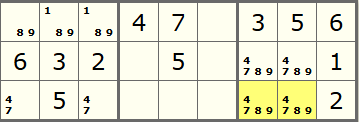 Sudoku grid showing two cells that have multiple candidate but 2 are unique to these 2 cells